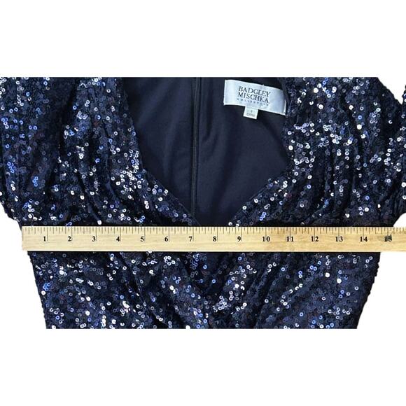Badgley Mischka Split Leg Long-Sleeve Blue Sequined Dress 0 - Picture 4 of 7